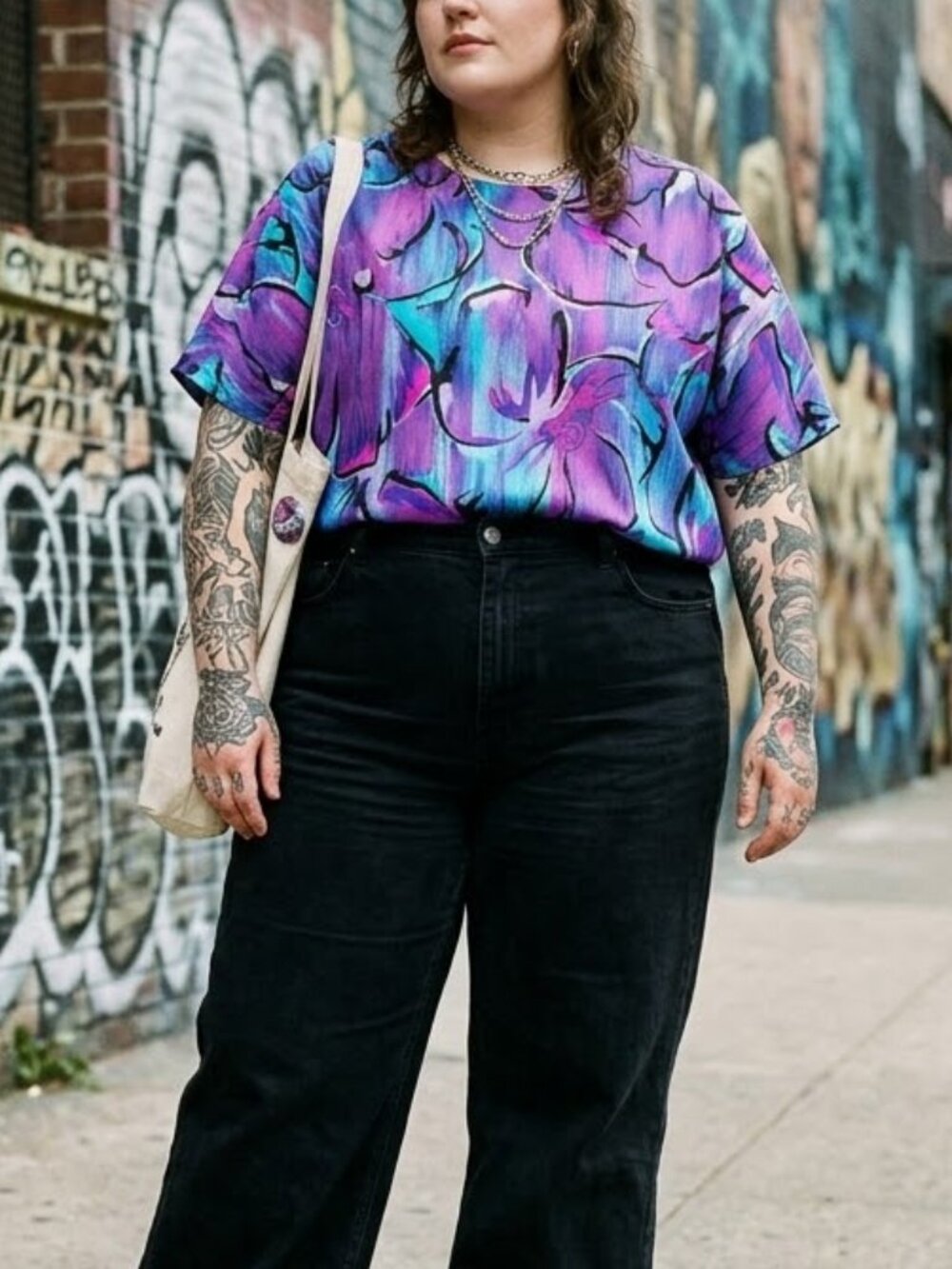 Vintage Campus Casuals Purple Abstract Floral Top Shoulder Pads 80s 90s Large
